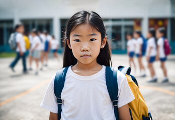 Elementary school asian student stands in front of school with fellow pupils in the background. Portrait of an oriental girl outside the school with classmates in the background
