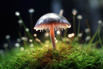 Fototapeta premium Mushroom Lights in the Grass, mushrooms closeup in the forest.