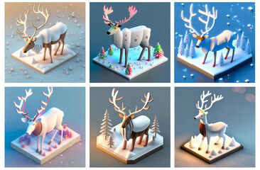 A set of AI generated isometric reindeer characters. Concept of Christmas and winter holiday season. Style of a winter wonderland.
