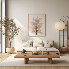 Home mockup, living room in japandi style, 3d render. AI generated.