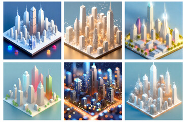 A set of AI generated isometric city with skyscrapers in a winter wonderland. Concept of Xmas in the city, urban winter season and holiday.