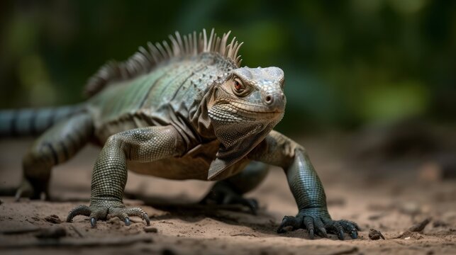 Close up of a green iguana on the ground in Costa Rica