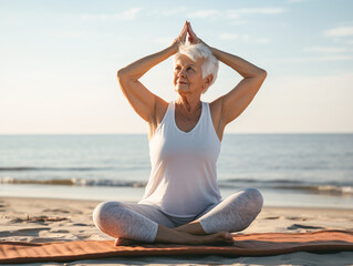 Fototapeta na wymiar Senior woman doing stretching exercises, meditating on sandy beach. Healthy lifestyle. 