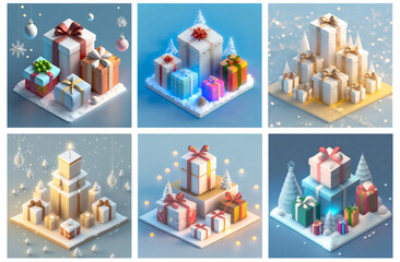 A set of AI generated isometric Christmas presents. Concept of Xmas and winter holiday season. Style of a winter wonderland.