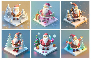 A set of AI generated isometric Santa Claus cartoon character. Concept of Xmas and winter holiday season. Style of a winter wonderland.