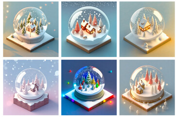 A set of AI generated isometric Christmas snow globes. Concept of Xmas and winter holiday season. Style of a winter wonderland.