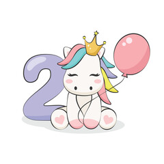 Pony with balloon and number two isolated on white background. Vector illustration