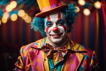 Funny laughing clown dressed in colorful clothes on colorful background. Generative Ai.