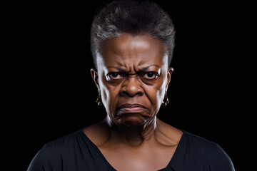 Fototapeta premium Angry senior African American woman, head and shoulders portrait on black background. Neural network generated image. Not based on any actual person or scene.