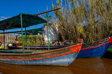 Naklejka na ściany i meble Colourful boats in Lake Albufera near Valencia, Spain