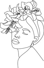Woman Line Art Minimalist Logo. Nature Organic Cosmetics Makeup. Flower head Feminine Illustration line drawing. Woman face with flowers line
