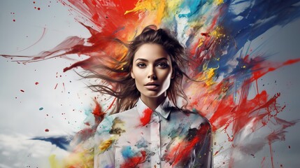 Artistic Woman with Vibrant Paint Splatter on White Shirt against Abstract Background