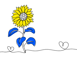 Sunflower. Blue-yellow. Heart. One line.