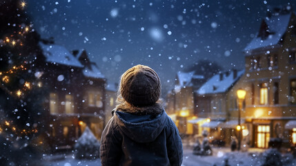 Fototapeta na wymiar child looking at snowfall at the evening christmas background
