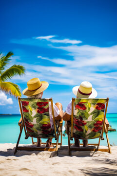 Two People Sitting On Lawn Chairs On Beach With Palm Tree.