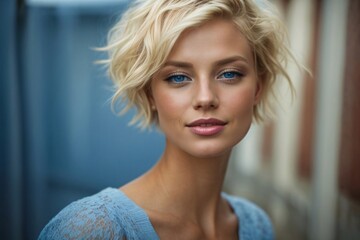 Beautiful blonde woman with short hair and blue eyes , ruddy skin, beautiful, full lips, a minuscule amount of clothing, smiling, feeling of lightness and joy. Generative Ai.