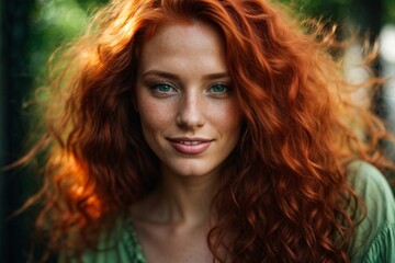 Fototapeta premium Beautiful red-haired woman with long hair and green eyes , ruddy skin, beautiful, full lips, a minuscule amount of clothing, smiling, feeling of lightness and joy. Generative Ai.