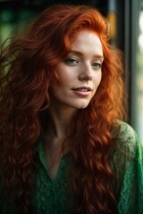 Fototapeta premium Beautiful red-haired woman with long hair and green eyes , ruddy skin, beautiful, full lips, a minuscule amount of clothing, smiling, feeling of lightness and joy. Generative Ai.