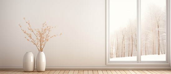 AI rendering of empty interior with birch walls large window and white branch vase