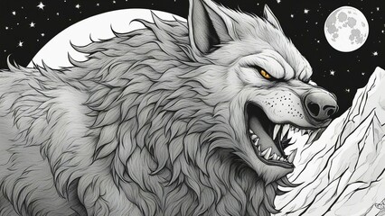 wolf in the night _black and white, coloring book page,             A werewolf with fur and claws, howling at the moon   - obrazy, fototapety, plakaty