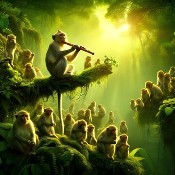 a monkey play flute in the jungle