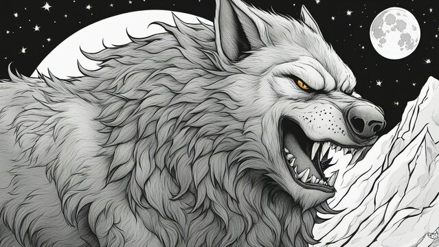 wolf in the night _black and white, coloring book page,             A werewolf with fur and claws, howling at the moon  