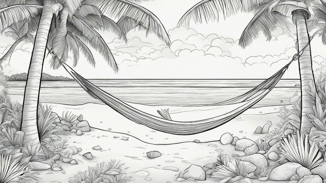hammock on the beach _black and white, coloring book page,         A beach with palm trees  , and a hammock between trees