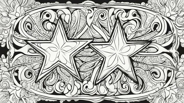 pattern black and white outline, a coloring book page illustration,  star, stars
