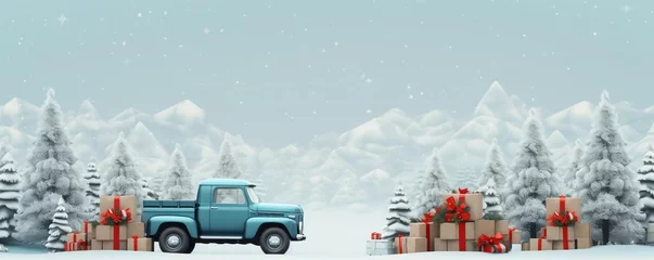 Zelfklevend Fotobehang Christmas background. pickup truck with Christmas trees and gifts. Happy New Year and Christmas, AI generator © Kateryna