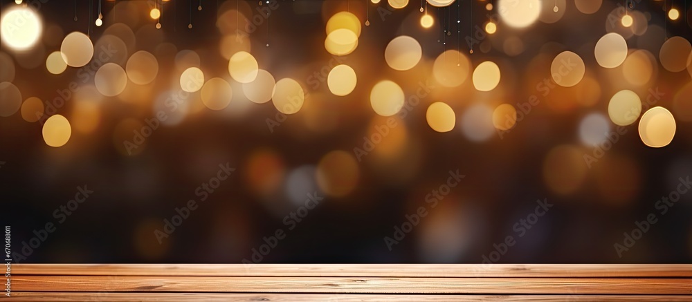 Poster bokeh lights on blurred restaurant background simulate artificial intelligence rendering on empty wo