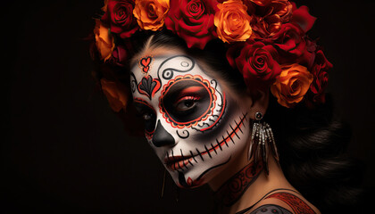 Women's makeup for Day of the Dead calavera catrina woman with skull
