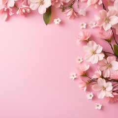 Fototapeta premium Banner with flowers on light pink background. Greeting card template for Wedding, mothers or womans day. Springtime composition with copy space. Flat lay style