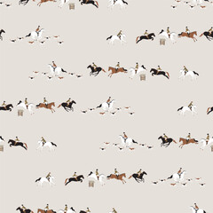 Seamless vector pattern, horse hunting, a group of riders galloping accompanied by hounds