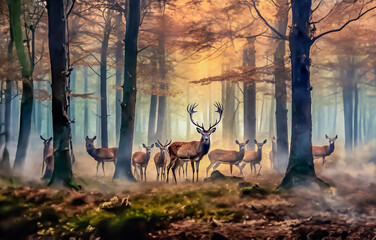 Deer. in the forest mist