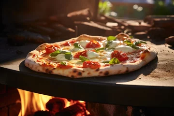 Foto op Plexiglas Close up front view of fresh hot pizza from retaurant oven, junk food. Generative Ai. © annamaria