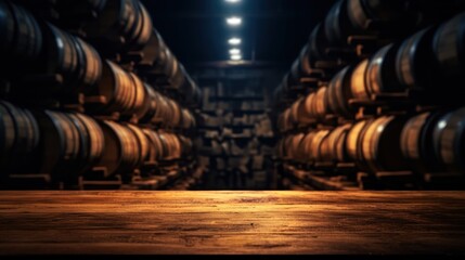 Rum, whiskey and wine background. Dark warm light oak barrels cellar with massive wooden table for product placement. Frontal view.
