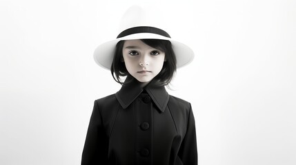 Elegant Girl in Black Coat and White Hat with Face Obscured by Gray Rectangle in Modern Minimal Style
