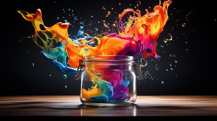 Splashes of multicolored paint fly out of the jar