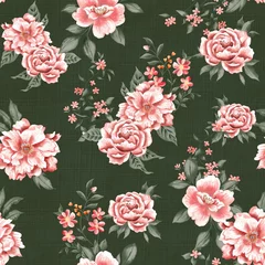 Meubelstickers Watercolor flowers pattern, red tropical elements, green leaves, green background, seamless © Leticia Back