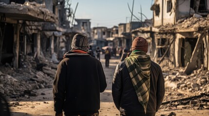 Rear view of two teenagers in rubble in Middle Eastern cities after multiple military conflicts