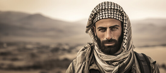Portrait of an Arab man looking at the camera covered with a traditional black and white Arabic...
