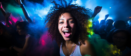 Happy young woman dancing and having fun in a disco bar in neon lights. Nightlife of active youth. Party and entertainment concept
