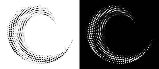 Halftone dots in spiral. Modern abstract background. Design element or icon, logo. Black shape on a white background and the same white shape on the black side. - obrazy, fototapety, plakaty