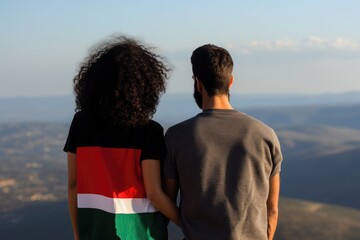 A woman and a man stand on a mountain. The woman is wearing a T-shirt in the color of the Palestinian flag. You look at the endless landscapes of a country.