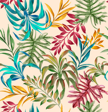 Seamless tropical foliage, colorful watercolor leaves.