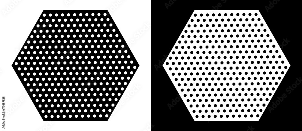 Poster Monochrome hexagon with dots inside. Black shape on a white background and the same white shape on the black side.