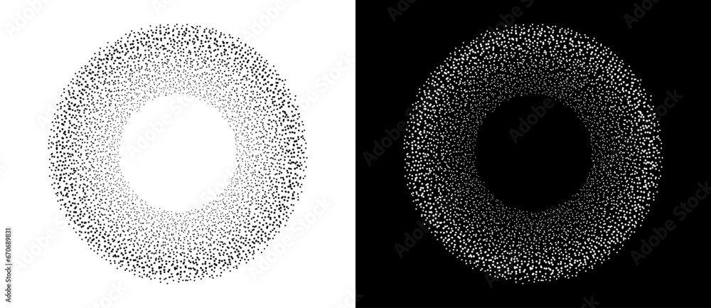 Poster Abstract background with random dots in circle. Art design circle as logo or icon. A black figure on a white background and an equally white figure on the black side.