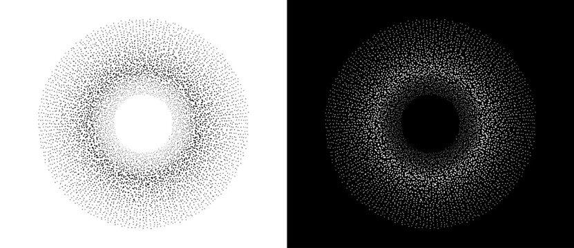 Abstract background with random dots in circle. Art design circle as logo or icon. A black figure on a white background and an equally white figure on the black side.