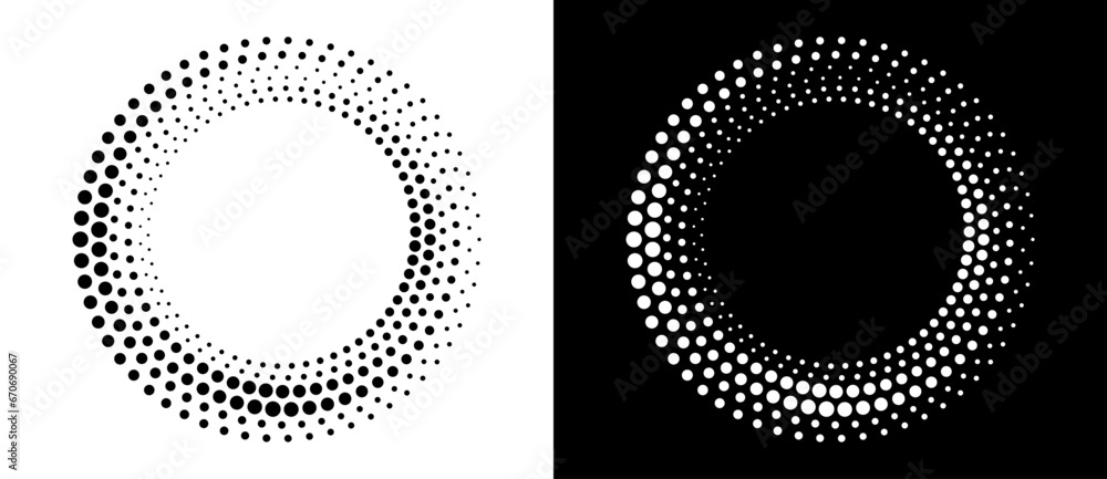 Fototapete Abstract background with halftone dots in circle. Art design circle as logo or icon. A black figure on a white background and an equally white figure on the black side.