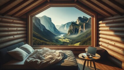 Wooden cabin hotel high in the mountains with beautiful wooden cozy interior with the breathtaking panoramic mountainous landscape outside and teleworking nomad visa concept